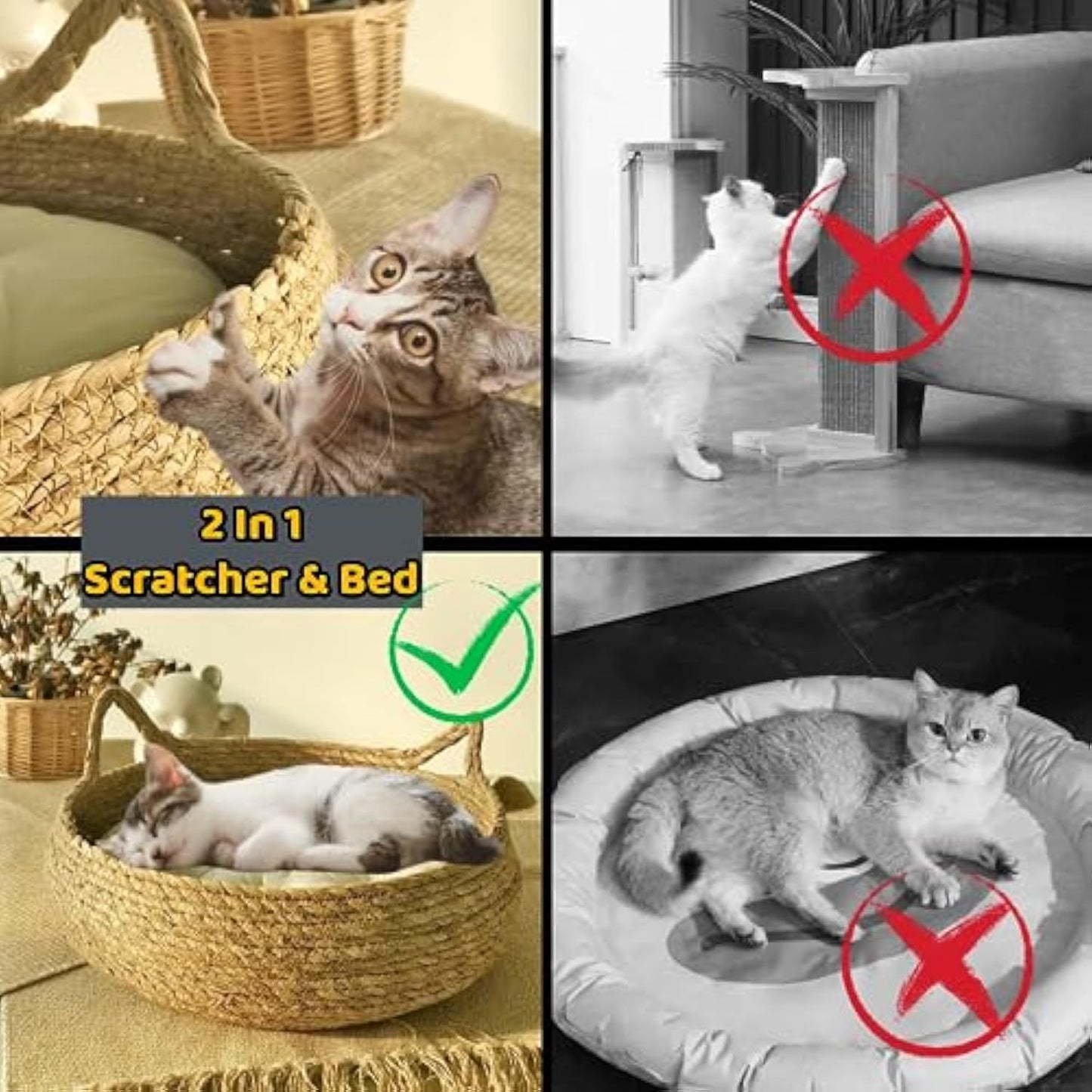 Natural Woven Cat Bed With Soft Cushion, Handmade Braided Cattail Leaf Pet House, Eco-Friendly Straw Nest